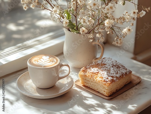 Sunny window cafe latte and pastry photo