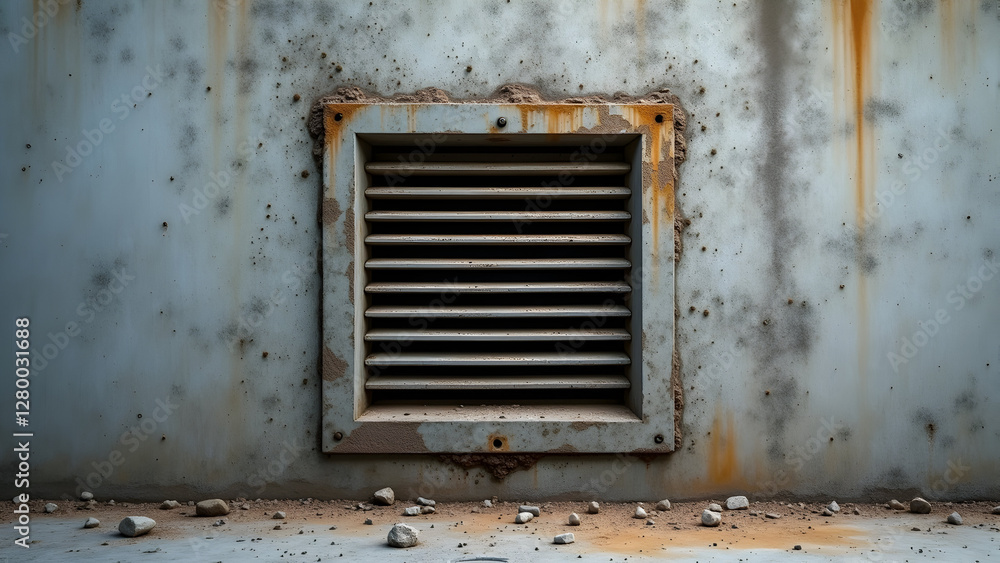 Weathered vent on a rusty wall, small stones scattered at the base. A sense of age and neglect pervades the scene. Weathered vent on a rusty wall, small stones scattered at the base. A sense of age and neglect pervades the scene.