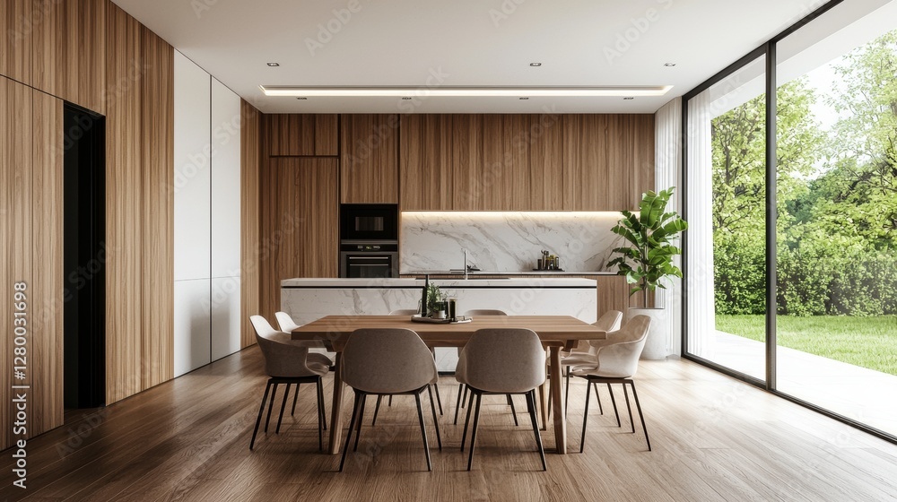 Fototapeta premium Modern kitchen and dining area with natural light
