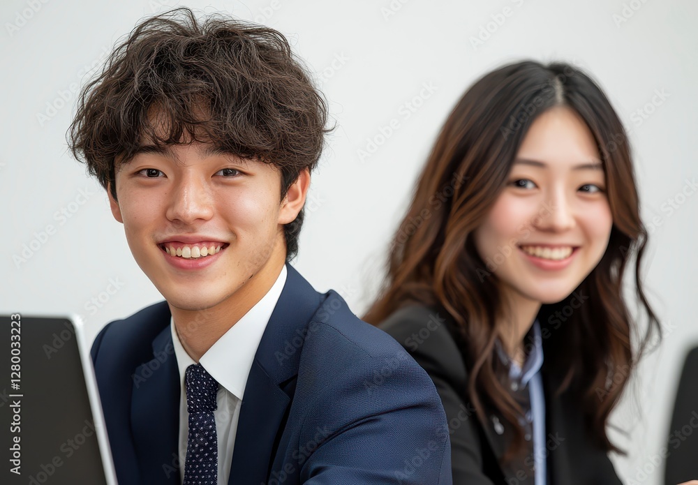 Smiling Young Asian Business Professionals Working Together In An Smiling Young Asian Business Professionals Working Together In An