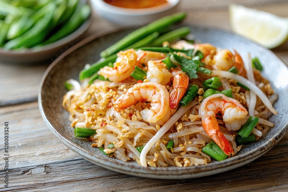 Pad Thai, stir-fried rice noodles with shrimps and vegetables Pad Thai, stir-fried rice noodles with shrimps and vegetables