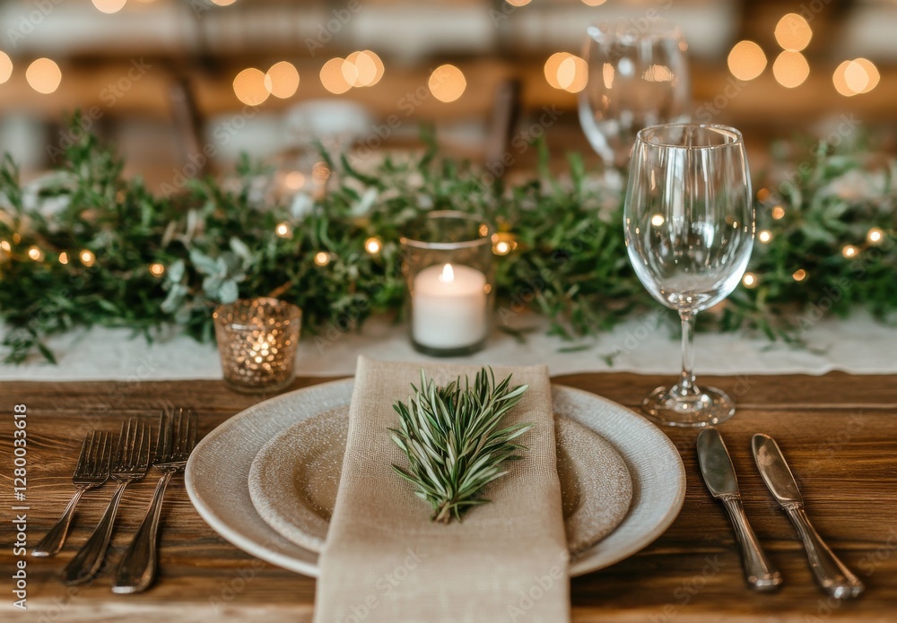 Elegant Table Setting with Greenery and Candlelight for a Romantic Dinner or Special Occasion in a Cozy Atmosphere Elegant Table Setting with Greenery and Candlelight for a Romantic Dinner or Special Occasion in a Cozy Atmosphere