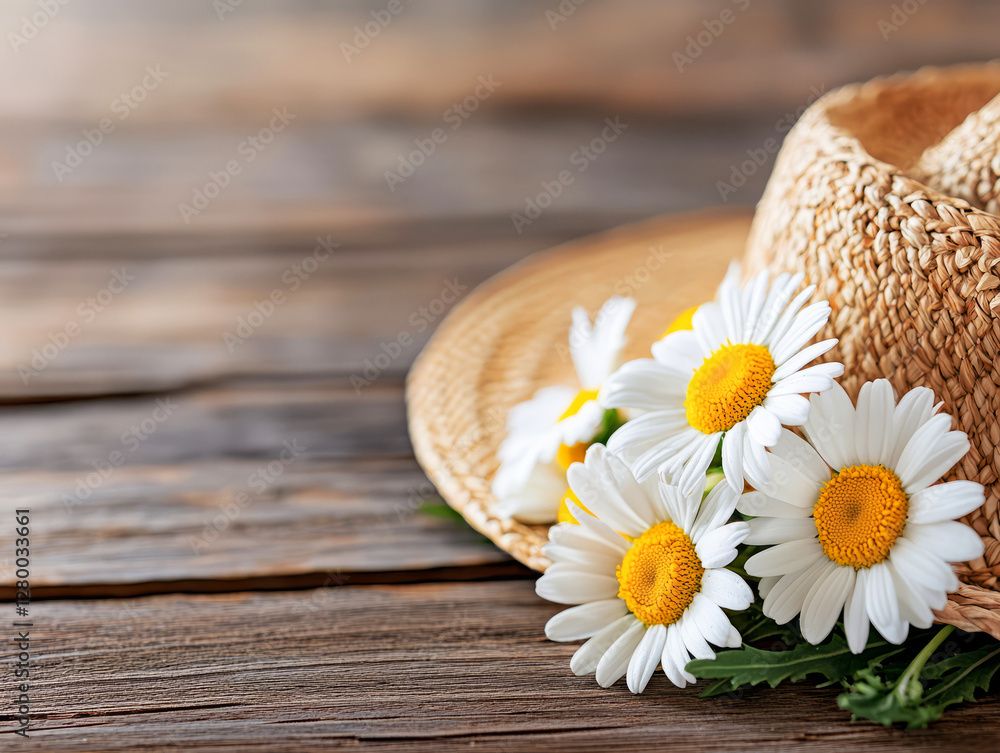 Rustic Straw Hat with Fresh White Daisies on Wooden Table Background Rustic Straw Hat with Fresh White Daisies on Wooden Table Background
