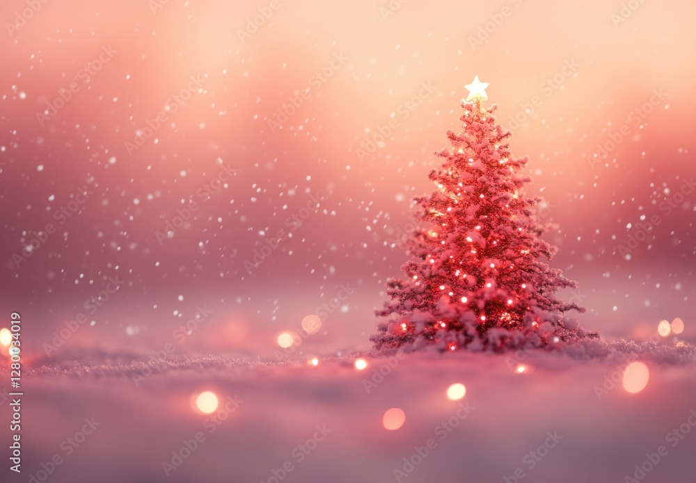 Enchanting Christmas Tree with Snow and Soft Lights in a Magical Winter Landscape during a Gentle Snowfall at Dusk Enchanting Christmas Tree with Snow and Soft Lights in a Magical Winter Landscape during a Gentle Snowfall at Dusk