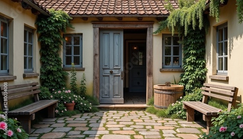 Vintage countryside courtyard with cobblestone patio and climbing ivy in a cozy nostalgic ambiance