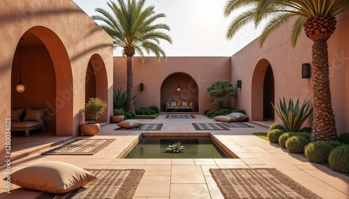 Desert oasis courtyard with adobe walls and a small water feature in a peaceful secluded retreat
