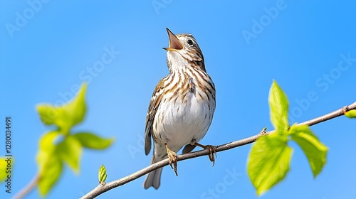 Radiant Skylark Serenade, a vibrant bird perched high on a branch, filling the air with melodious song amidst a clear blue sky.