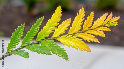 Close up of a Fern Leaf Showing Yellow to Green Color Gradient in Natural Light