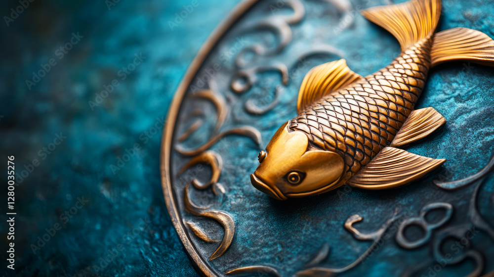 Fototapeta premium Elegant Gold Fish Sculpture on Textured Turquoise Background with Intricate Details