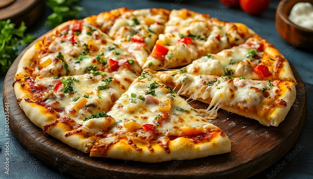 Sliced pizza with vegetables on wooden board Sliced pizza with vegetables on wooden board