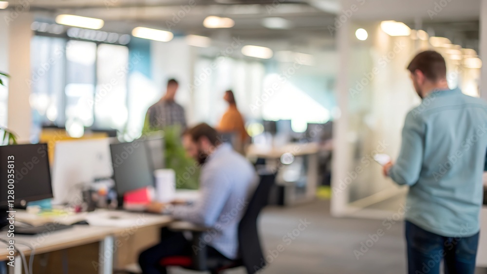 Blurred Modern Office Workspace: Coworkers Collaborating Blurred Modern Office Workspace: Coworkers Collaborating