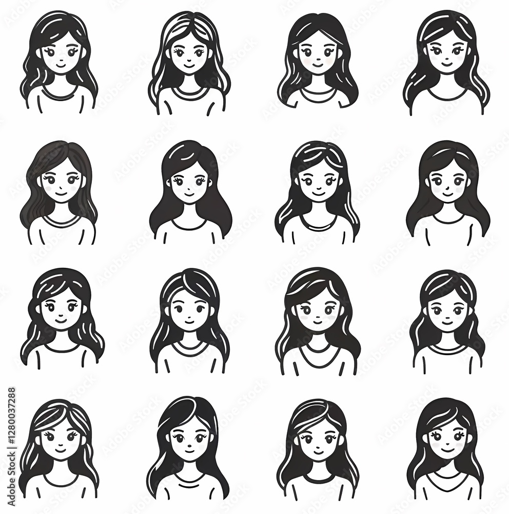 Set of a simple design of a girl's half body in a minimalist style