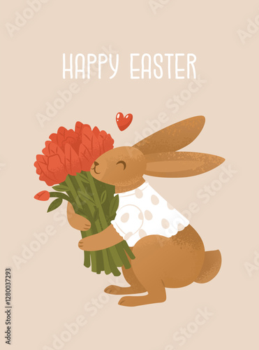 Greeting card with a wish for a happy Easter. Adorable bunny in a shirt with a bouquet of tulips. Cute child character congratulates on the Christian holiday. Vector cartoon illustration.