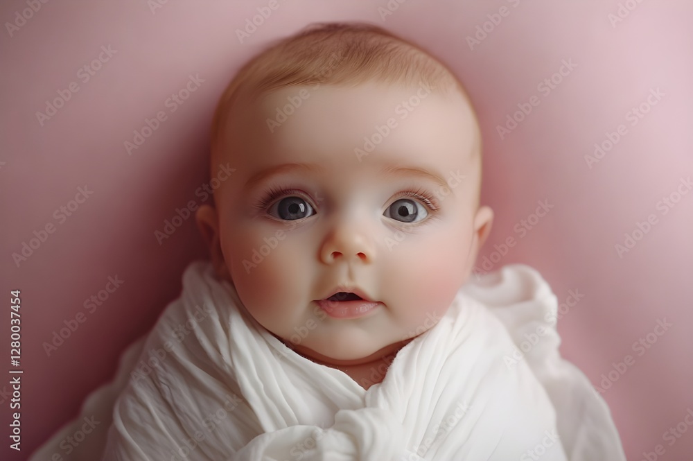 A newborn baby wrapped in a white cloth, lying on a pink background for a photoshoot A newborn baby wrapped in a white cloth, lying on a pink background for a photoshoot