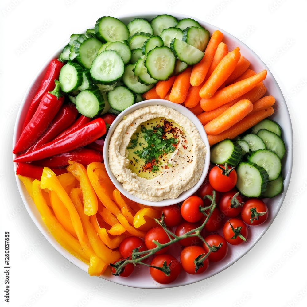 Colorful Fresh Vegetables and Hummus Served on a White Plate for Healthy Snacking and Appetizing Presentation Colorful Fresh Vegetables and Hummus Served on a White Plate for Healthy Snacking and Appetizing Presentation
