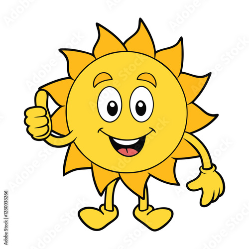 A cheerful cartoon sun character with a big, friendly smile and bright yellow rays. It’s giving a thumbs-up, radiating positivity and warmth, perfect for promoting happiness!