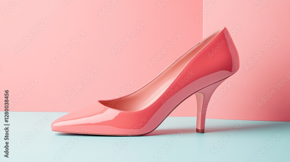 Single coral high-heeled pump shoe on a light blue and pink background. Single coral high-heeled pump shoe on a light blue and pink background.