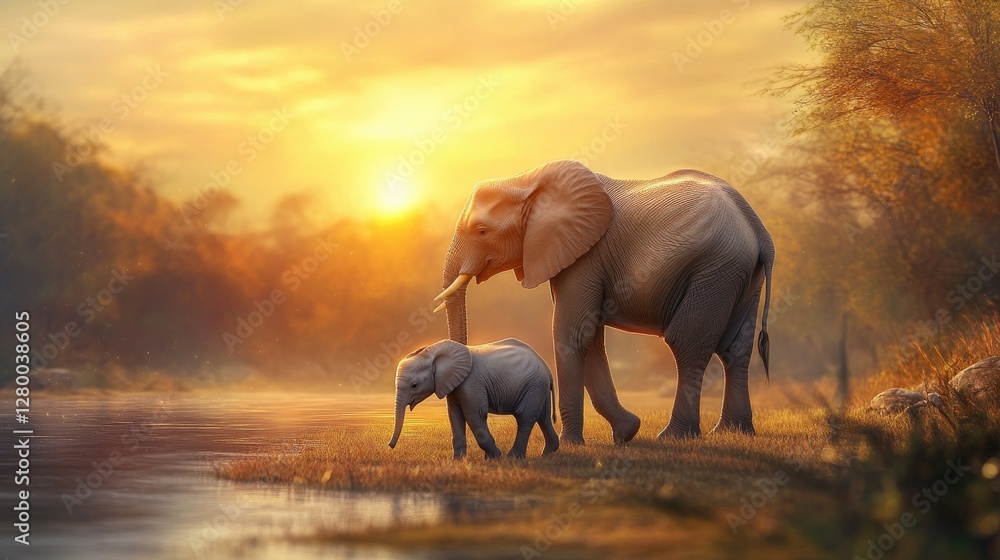 Fototapeta premium African Sunset: A Mother Elephant and her Calf by the River