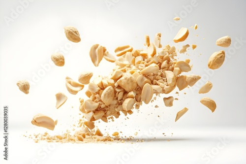 Dried peanuts crushed in mid-air, isolated on a white background