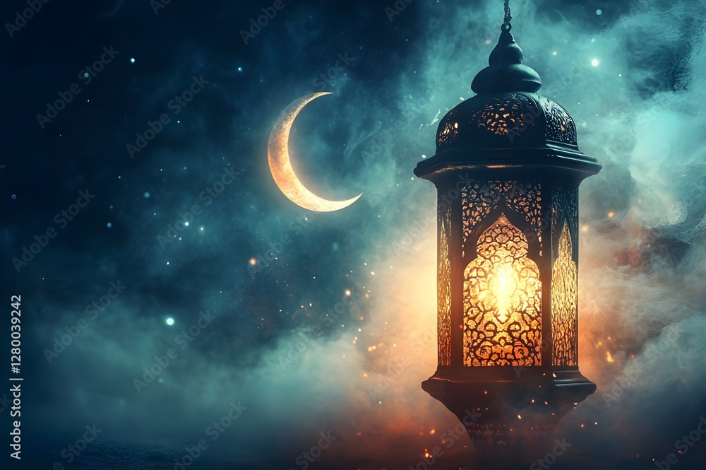 A Ramadan Kareem background with a glowing lantern and crescent moon A Ramadan Kareem background with a glowing lantern and crescent moon