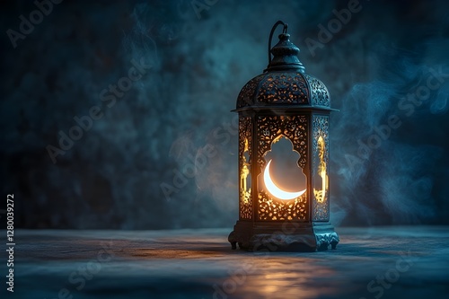 A Ramadan Kareem background with a glowing lantern and crescent moon