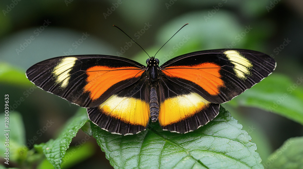 A vibrant butterfly with striking orange, black, and yellow patterns rests on a green leaf, showcasing its delicate beauty in a natural setting A vibrant butterfly with striking orange, black, and yellow patterns rests on a green leaf, showcasing its delicate beauty in a natural setting