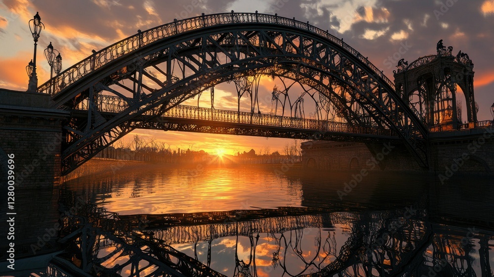 Naklejka premium Sunset Over the Iron Bridge: A Serene Reflection