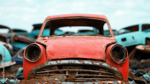 Environmental crisis. Vintage red car in a junkyard surrounded by other discarded vehicles.