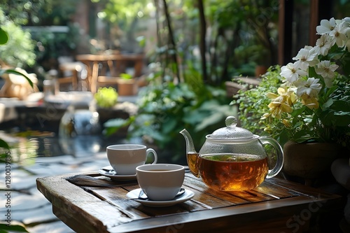 Herbal tea served on a garden terrace with a peaceful ambiance