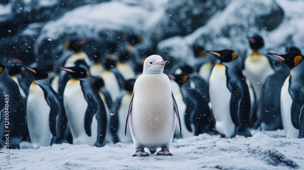 Fototapeta premium A lone white penguin stands amongst king penguins in the snow