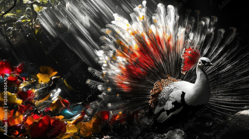 Fototapeta premium Majestic Peacock Displays Vibrant Tail Feathers Amidst Dark Foliage