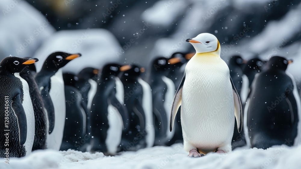 Fototapeta premium A single Emperor penguin stands among gentoo penguins in the snow