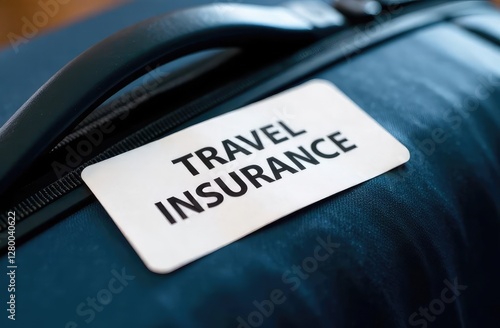 Travel insurance label is put on luggage. Travel insurance is intended to cover medical expenses, lost luggage and other losses incurred while traveling photo