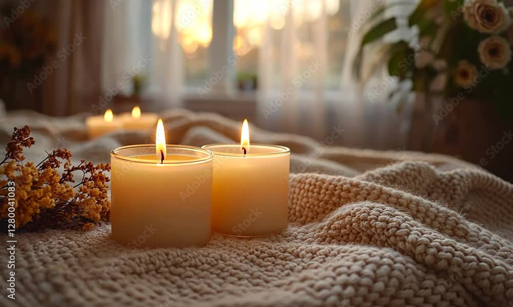 Cozy indoor scene featuring two lit candles on a textured blanket with warm sunlight filtering through a window Cozy indoor scene featuring two lit candles on a textured blanket with warm sunlight filtering through a window