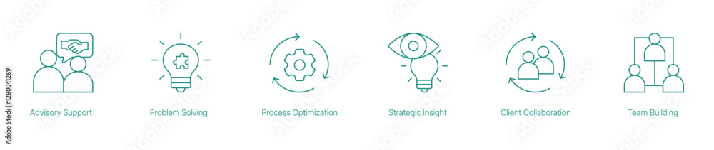 Advisory Support, Problem Solving, Process Optimization, and Strategic Insight Icons Advisory Support, Problem Solving, Process Optimization, and Strategic Insight Icons
