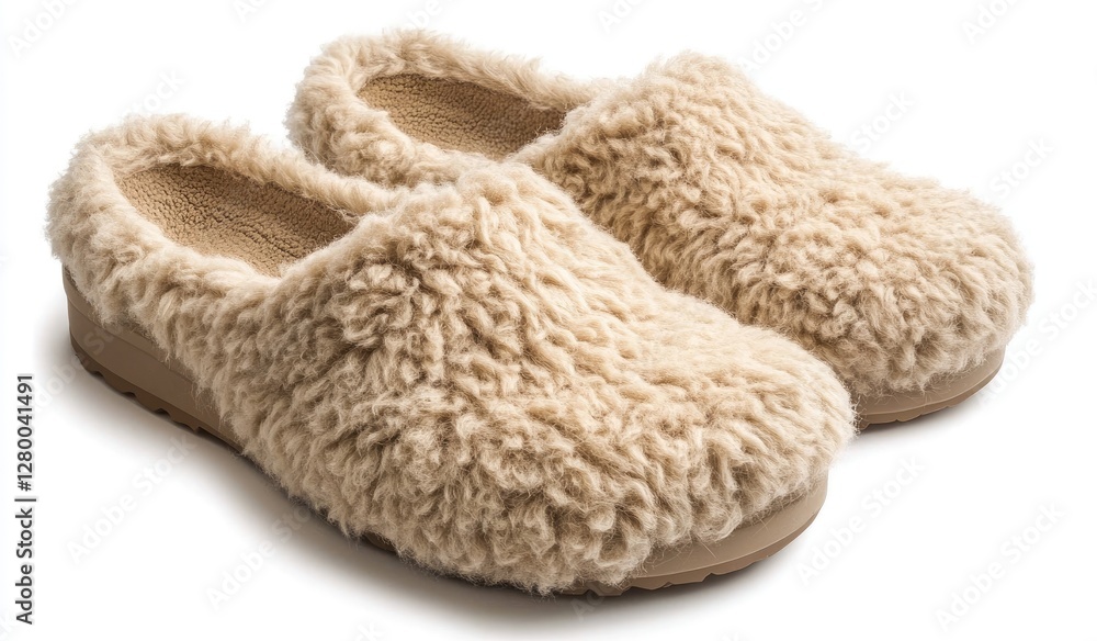 Cozy beige fleece clogs isolated Cozy beige fleece clogs isolated