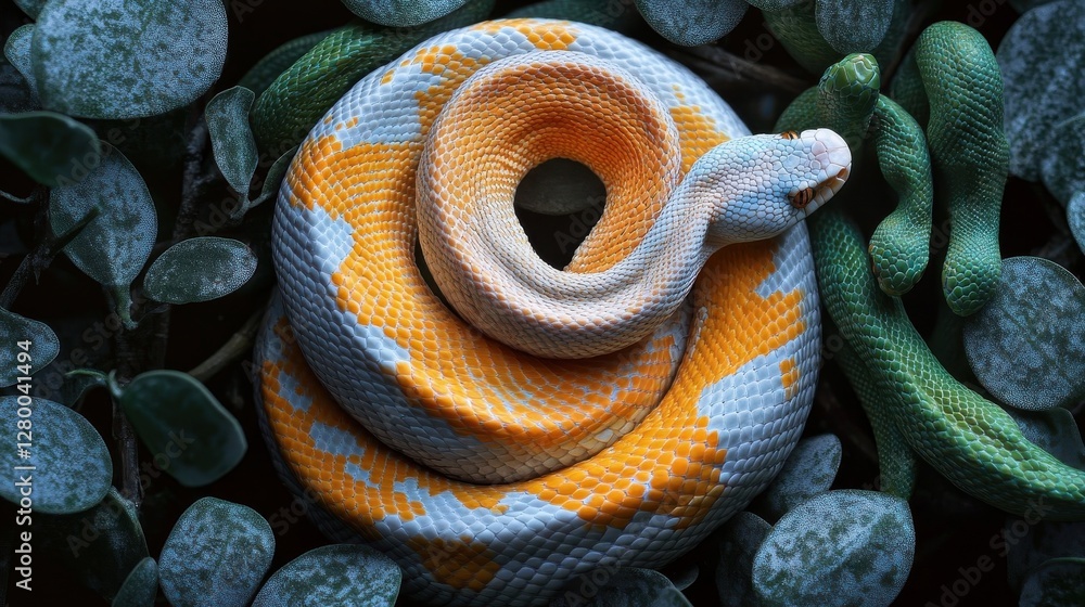 Fototapeta premium Coiled Orange And White Snake Among Green Leaves