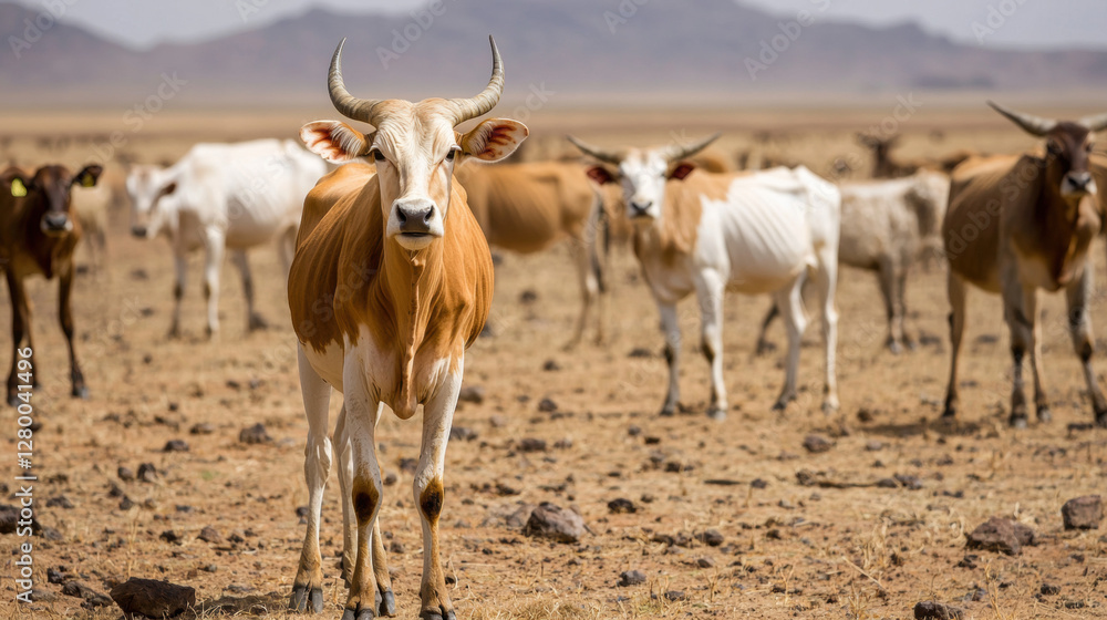 Environmental crisis. Cattle grazing on dry land with mountains in the background. Environmental crisis. Cattle grazing on dry land with mountains in the background.