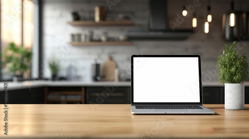 On wooden table is a laptop  with blank white screen. blurred modern kitchen background