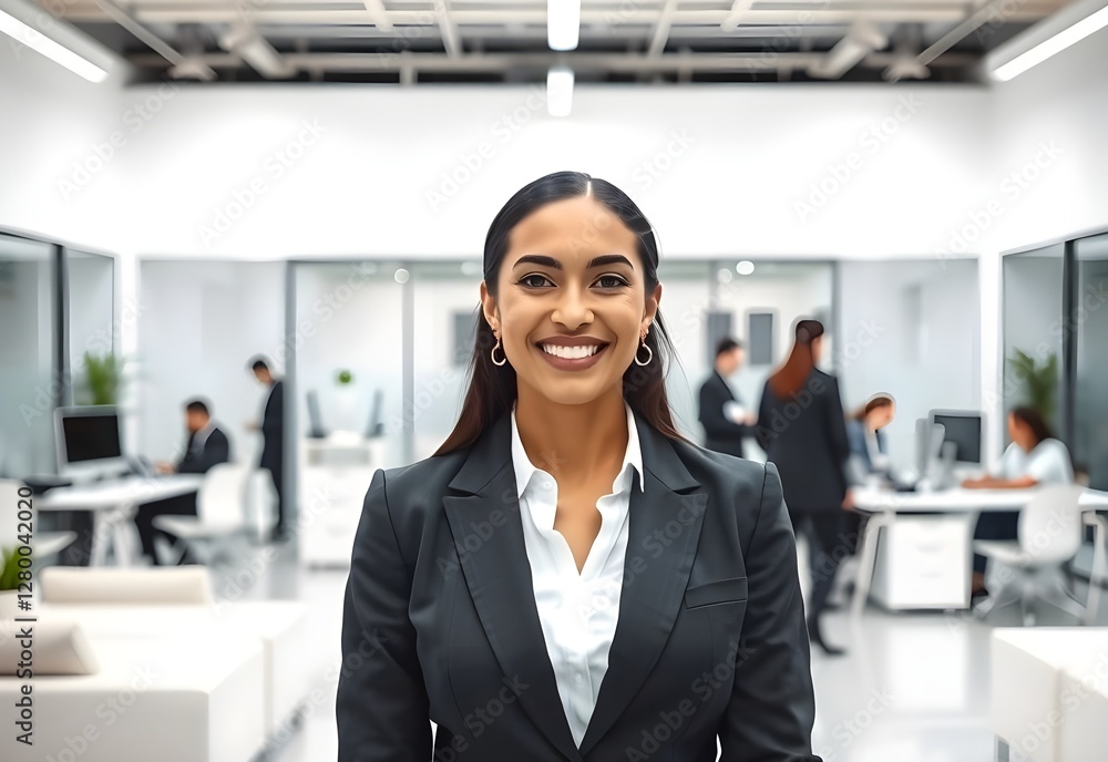 Mujer hispana en traje sonriendo en un espacio de oficinas moderno. Los empleados están trabajando en la oficina Mujer hispana en traje sonriendo en un espacio de oficinas moderno. Los empleados están trabajando en la oficina