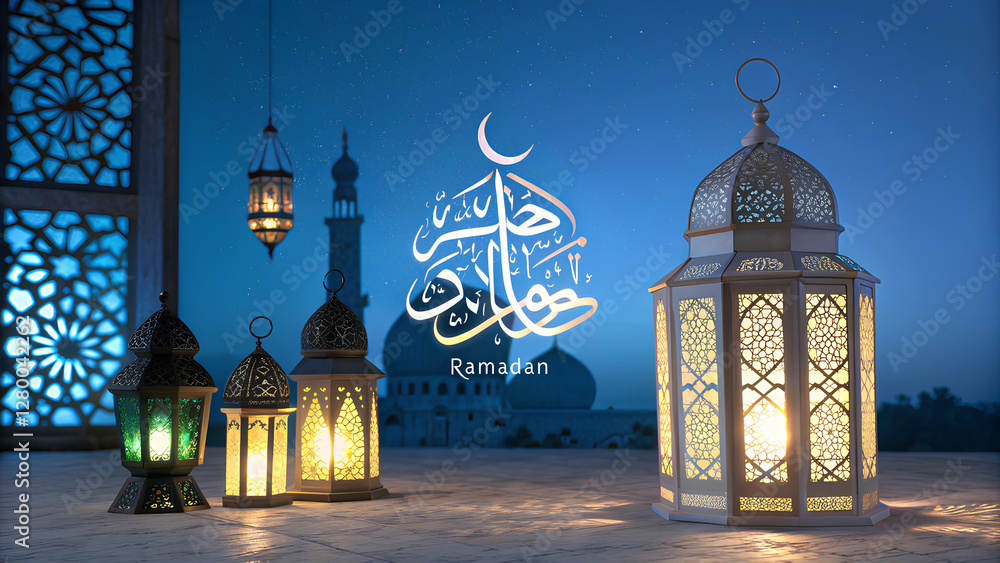 Reflect Islamic art and the spirit of Ramadan, elements suggest a religious or festive occasion and the deep blue background. Reflect Islamic art and the spirit of Ramadan, elements suggest a religious or festive occasion and the deep blue background.