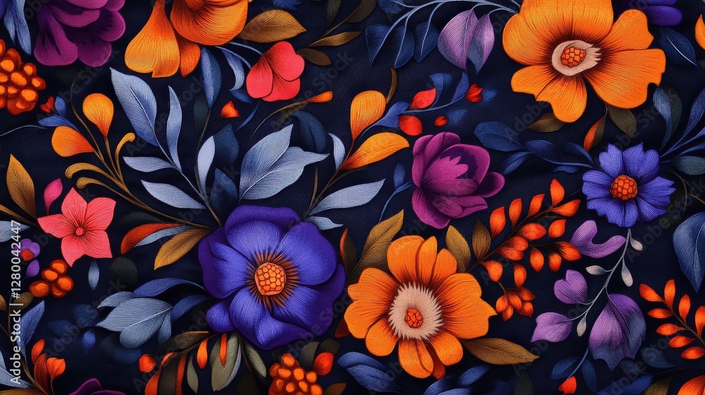 Vibrant floral design textile art nature-inspired colorful palette close-up elegance