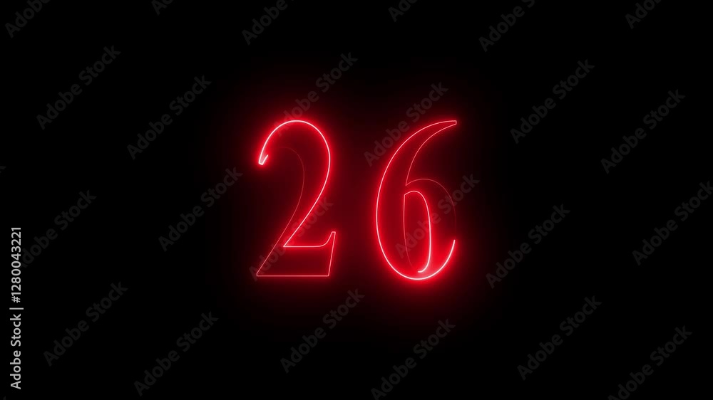 Neon number 26 on black background 4K animation. Neon dial number 26 glowing animation. 4K neon number Twenty-six Neon number 26 on black background 4K animation. Neon dial number 26 glowing animation. 4K neon number Twenty-six