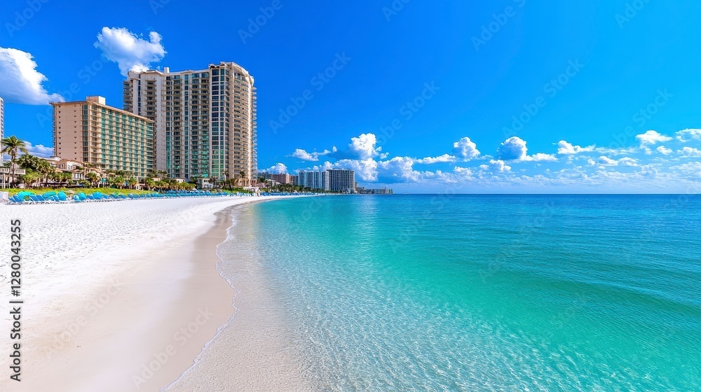 Obraz premium Stunning Panoramic View of a Pristine Beach with Turquoise Water and Residential Buildings under a Vibrant Blue Sky