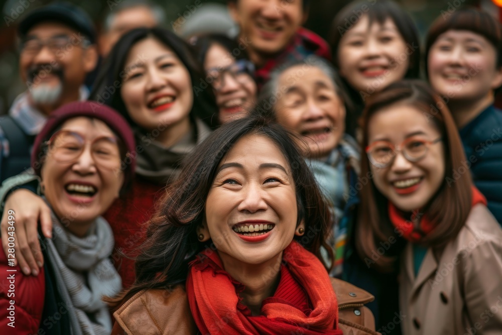 Group of happy asian women wearing red scarf and smiling in the street Group of happy asian women wearing red scarf and smiling in the street