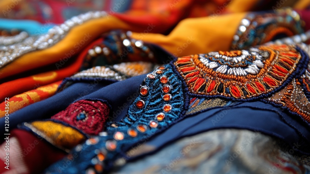 Colorful embroidered fabrics textile market close-up photography indoor artistic perspective