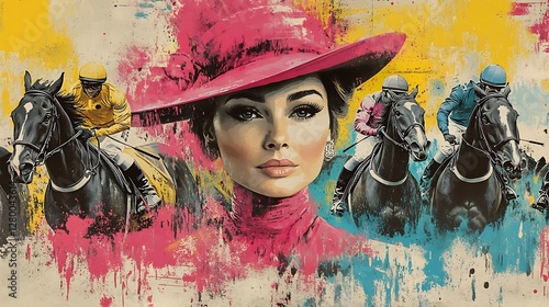 Elegant woman, horse race, vibrant art, print
