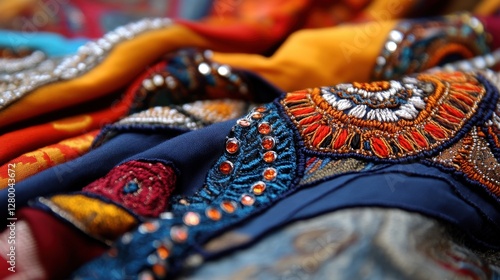 Obraz na płótnie Colorful embroidered fabrics textile market close-up photography indoor artistic perspective w salonie