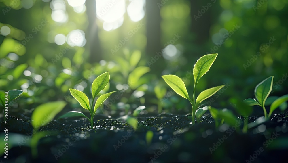 Sprouting seedlings in forest floor sunlight Sprouting seedlings in forest floor sunlight