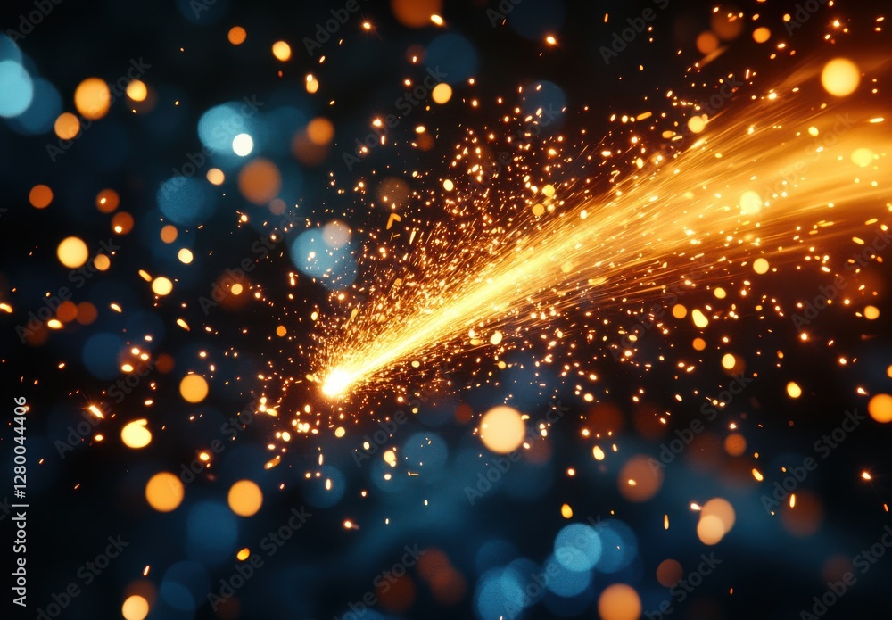 Obraz premium Sparkling golden trail of light in a vibrant blue background, creating a dynamic and energetic visual effect for creative designs and projects